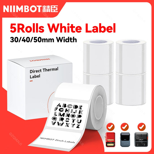 5 Rolls White Niimbot Thermal Label Paper Roll Waterproof for Mini Sticker Pocket Barcode Printer B21 B1 B203 Name Print