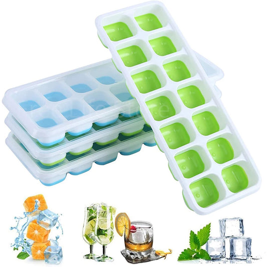 14-Grid Ice Cube Trays Silicone Ice Mold with Removable Lid DIY Homemade Popsicle Mould for Cocktail Freezer Kitchen Bar Tools